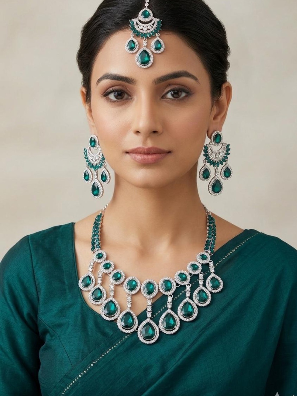 Emerald Teardrop Statement Necklace Earring and Mang Tikka set